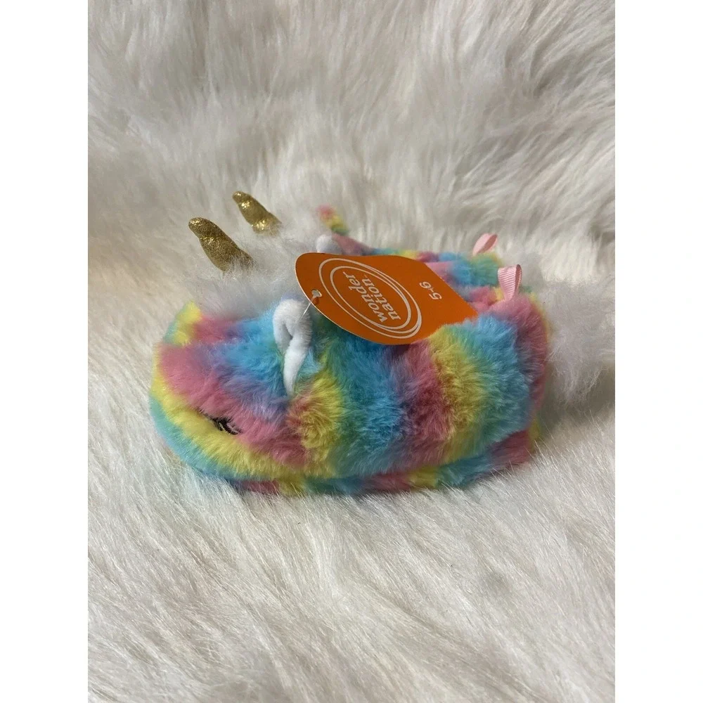 Wonder Nation Plush Rainbow Unicorn Slippers Girls Size 5-6 Fuzzy Slip‎ On Shoes